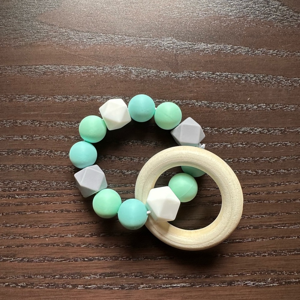 Mint and White Beaded Teething Ring